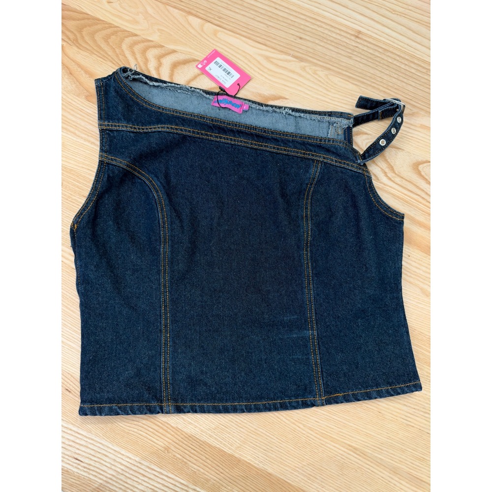 Edikted Dark Wash Denim Asymmetrical One Shoulder Corset Top XL NWT